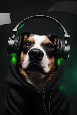 dog with black hoody and razer headphone
