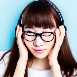 Portrait of a beautiful Korean girl with brown hair and round glasses wearing white headphones with her hand under her chin