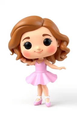 Funko figure of a very young female, smiling, long wavy light brown hair, wearing a ballerina dress, pink dress, ballet, very cute, ballet pose,. typography, 3D render. White background