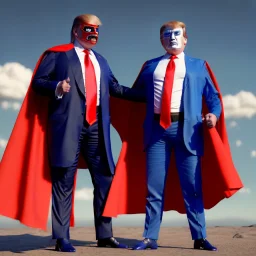 realistic image of donald trump as a mexican wrestling fighter posing outdoors, Mexican eyes wrestling mask, red and blue breeches, confederate flag cape, retro style, 80s, vibrant color, highly detailed, sky background, concept art, unreal engine 5, god rays, ray tracing, RTX, lumen lighting, ultra detail, volumetric lighting, 3d, finely drawn, high definition, high resolution.