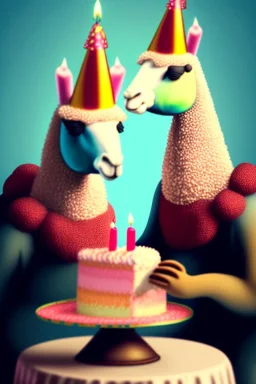 Two lamas are having a birthday cake