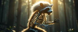 radiant racoon thick Skeleton with lotsa fluffy fur, motion blur background dark forest