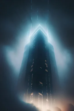 infinite high building seen from the ground up with light strips shinning out from the top in a cloudy night with little fog