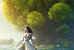 young woman in an android suit with dark hair, standing on the shore of an alien sea, with flying forests of dandelion seed head trees in the distance