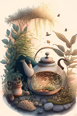 Cozy vibes drawing art tea pot, garden inside tea pot