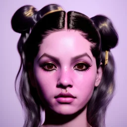 perfect symmetry,Rosalía artist, black big eyeliner, cyberpunk, pigtails hair, gold, pink, geisha, led lights, fog, rain, latex, soft color, highly detailed, art stations, concept art, smooth, unreal engine 5, god rays, ray tracing, RTX, lumen lighting, ultra detail, volumetric lighting, 3d, finely drawn, high definition, high resolution.