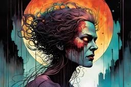 a surreal portrait of the inner workings of her disturbed mind as a nightmarish charnel house of seething pain , in the comic book style of , Bill Sienkiewicz, , Jean Giraud Moebius , and Alex Pardee muted natural color, sharp focus, ethereal , dark and foreboding