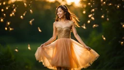 A gorgeous smiling Asian model in a fairy outfit in a wood dandelio seeds in the air and fireflies at sunset