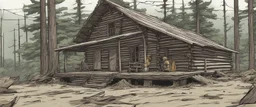 log cabin welcome center, post-apocalyptic, comic book, forest, cinematic, from far away,