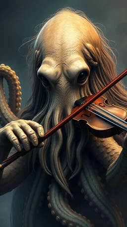 Octopus front view with human look face and long hair and beard playing the violin looks like an ancient Sumerian gods