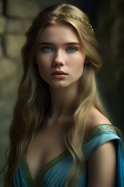 A woman in her twenties with beautiful tiffany blue eyes, long silky golden hair, and a flawless fair complexion. Her eyes are prominent and lovely, while her slightly sharp nose adds to her charm. (((Full body))). coblestones walls behind, (((enchanting simplicity))) ((( no crown))) she exudes a touch of hidden power and charming elegance. 4k