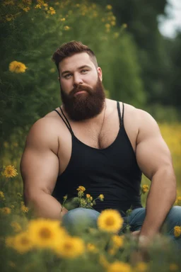 full figure photography, shy muscular big fat chubby, 35mm lens, burly italian man short hair, 27 years old sitting in the meadow with a flower in a hand, near a big farm , red short beard, , hairy armpits, manly armpits, ugly, manly chest, hairy chest, big shoulders, , huge belly, manly chest, shirtless, with boxer, emotive eyes looking at camera, photorealistic , dim side light, ambient occlusion, side view, poetic composition, golden ratio