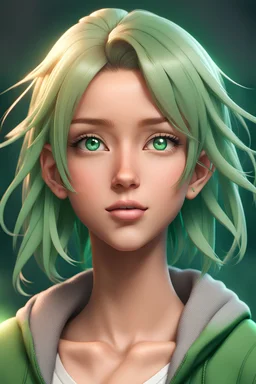 Anime tan-haired and green-haired, light-skinned casual female portrait, 8K resolution, high quality, ultra graphics, and detailed with lines.
