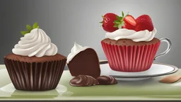 A cup cake chocolate with strawberry vactory background, realism