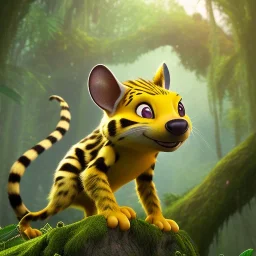 Marsupilami comic figure , photorealistic picture, unreal engine 5, lifelike, high detail intricate, jungle background, realistic proportions, extremely long tail