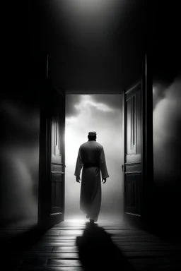 man Imam of people walks as as shadow of light , and his clothes are like the Prophet He walks backwards black whit clothe and looks to the sky with cloud and star , and he walk on sky and cloud, then walk to big wood door , and open it with effect of oil painting and Cinematic lighting, realistic