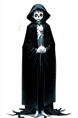 7 year old boy, necromancer, friendly, looks dead,with a long lamprey emerging from his belly , wearing black robes, with the lower body of a ghost in the style of Harry Clarke