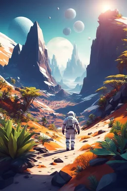 (((close midshot))), (((low poly art:2))), (astronaut), ultra-detailed illustration of an environment on a dangerous:1.2 exotic planet with plants and wild (animals:1.5), (vast open world), astroneer inspired, highest quality, no lines, no outlines candid photography. by Lekrot