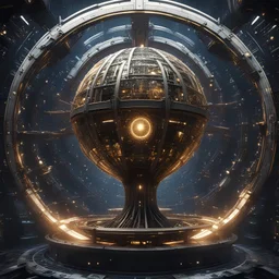 create me a large Christmas tree encased in a thin round, ornate golden ring. mechanical futuristic space cyberpunk style. extra electrical and pneumatic details, robot arms, laserguns. think dyson sphere, warp core, plasma couplings. background should be #000000 full black.