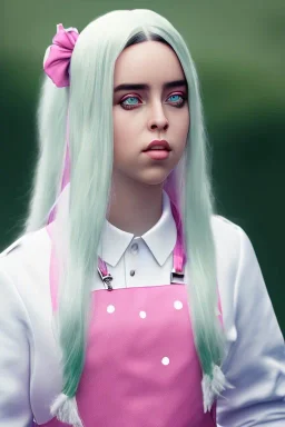 Billie Eilish, Maid Costume, high detail, realistic, 8k, not to be distinguished from a photo, identical pupils