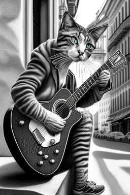 One single mature street cat, friendly, playing guitar, vienna, sunny day, perfect iris, model style, hyper realistic, extremely accurate, delicate, extremely detailed, Graphic novel style, wide-angle, open aperture, superfine pencil