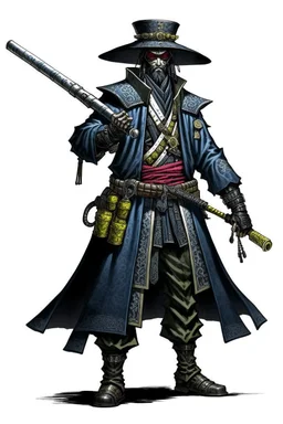 Gunslinger samurai, wearing a duster coat and mempo, with s cybernetic right arm