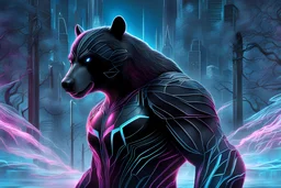 Shadow symbiote in 8k architectural drawing style, bear them, neon ice power, ice forest, highly detailed, high details, detailed portrait, masterpiece,ultra detailed, ultra quality