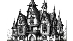 A detailed ink illustration of a front elevation of a Tudor fantasy house, with tall chimneys and roofs.
