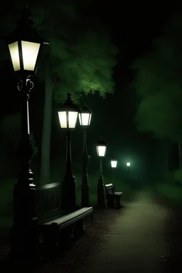 Park at night with lanterns, square bench, and dirt roads, trees, gothic horror films influence, creepy, photography