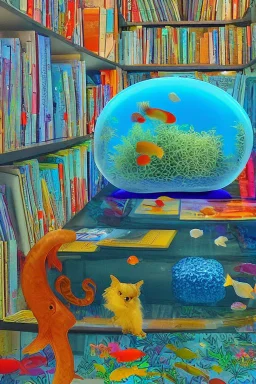 An aquarium glass cat shaped aquarium with fish, colorful fish, in an old style cozy library with a comfortable armchair to sit in and a large aquarium with fish, colorful fish