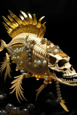 Happy fish skeleton with a lot of gold and jewels.