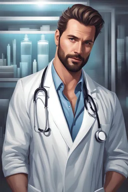 beautiful incredibly handsome experienced brutal man, 30+ years old, sexy, modern doctor, in a white doctor's coat, fabulous atmosphere, art style, realistic