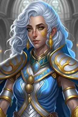 A muscular female elf twilight cleric in a silver robe with blue curly hair and golden eyes