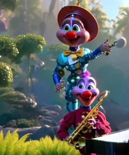 mechanoid clown playing jazz with a steampunk theme, trumpet, realistic