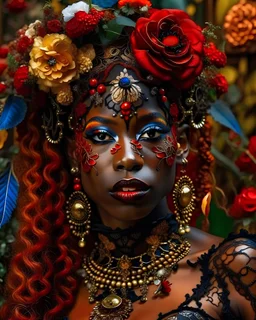 Beautiful young faced african voodoo vantablack woman adorned with garden red qnd ginger . Pansy and rose flower metallic filigree decadent samanism garden pansy rhinesstone covered floral headress ornated woman portrait wearing rhinestones ribbed face masque and floral filigree embossed dress vantablack gothica voidcore decadent organic bio spinal ribbed detail of ribbed mineral stones extremely detailed hyperrealistic maximálist concept art rococo portrait art