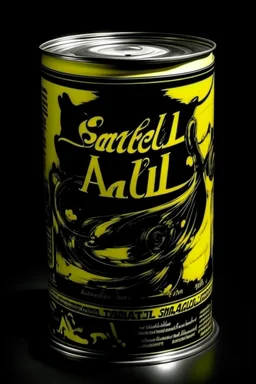 Create a yellow and black can with "Sacrificial Broth" written in neat, legible cursive on it, ensuring all words are spelled correctly; Pop Art; Andy Warhol