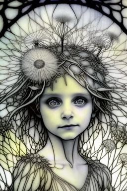 pencil and charcoal sketch of a cute happy little dandelion fairy girl, Mucha inspired emotional nature ephemeral sculptures of Andy Goldsworthy, tiny human form, essence captured as if created by surrealist photographer Noel S Osvald rendered in bright ombre colors, mixed with influences by John Bauer and Tim Burton, faded dark grey background, minimalistic art, with details that reflect advanced rendering techniques that push the drawing's realism even further Modifiers: trending on Artstation