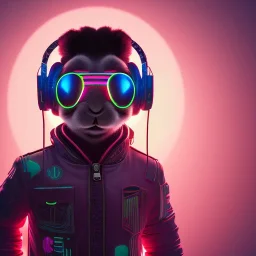 Rabbit toddler, smiling, cyberpunk headphone, sunglass, gangsta neckless, full body, magenta puffer jacket, manila city background, dramatic lighting, hyper realistic, unreal engine 5, 16k