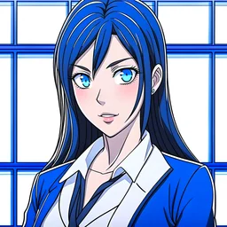 Anime drawing a of a female mean teacher with medium length black hair and blue eyes in a school background behind a chalkboard with a black or gray outfit