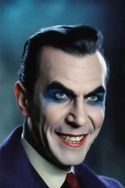 Bela Lugosi as Herman Munster Superman Joker, laughing - Blue eyes - full color - 32k, UHD, 1080p, 8 x 10, glossy professional quality digital photograph - dark foggy gradated background, historic, powerful, octane rendering, exquisite detail, 30 - megapixel, 4k, 85 - mm - lens, sharp - focus, intricately - detailed, long exposure time, f8, ISO 100, shutter - speed 1125, diffuse - back - lighting, ((skin details, high detailed skin texture)),