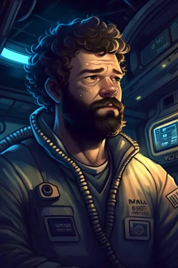 Portrait of Slane a man with curly dark hair and thick curly beard in coveralls working as a new hire in a dimly lit submarine, realistic grimdark