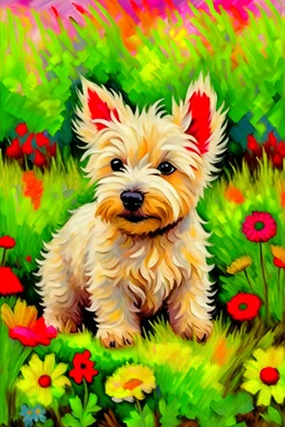 oil painting of playful westie puppy in field of flowers, van gogh style