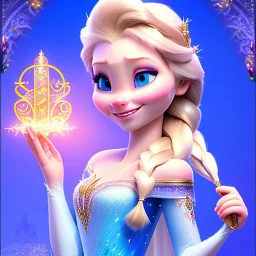 Flower , beautiful smiling elsa holding microphone, long hair amazing blue eyes, happy cosmic, bright colors, blue, pink, gold, jewels, realistic, photo real, clear godly background, highly detailed, high contrast, 8k high definition, unreal engine 5, extremely sharp detail, light effect, sunny light background