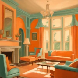 realistic oil painting of 1950s architecture interior house, art deco furniture visible. peach orange and cyan interior