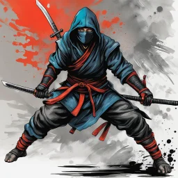 Dibujo arte de tinta europeo de un Ninja calidad ultra, hiperdetallado, 8k, colores complementarios, cuerpo completo