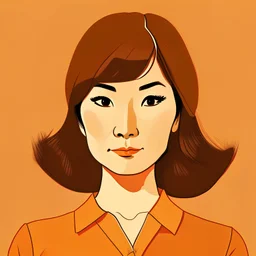 Illustration of a 35 year old Japanese woman with with brown hair, frontview, orange background