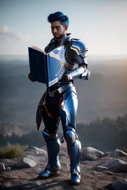 a human male with blue short hair and blue wings in an assymetrical armor with geometric patterns and a book in hand