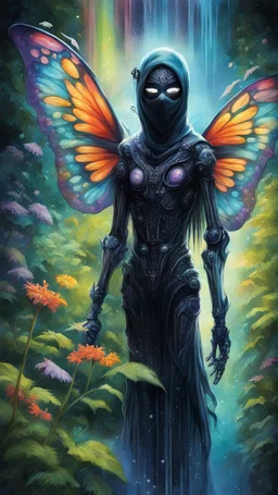 awake in a dream, portrait of masked ninja angel wing butterfly dementor psychedelic interdimensional robot in the garden, watersplash waterfall and diving elves ,lotsa wild weed, in spotlight, magazine cover illustration with spray paint, signed, bokeh like, down-light, unreal engine, prize winning