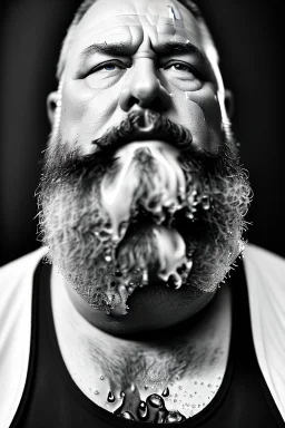 close up photography, dirty burly russian ugly strong chubby 56 years old man, bullneck, milk falling from above, splashing and dripping milk in the face, milk dripping on the beard, with dirty tank top, tattoo, serious eyes, manly chest, 35mm lens, natural light