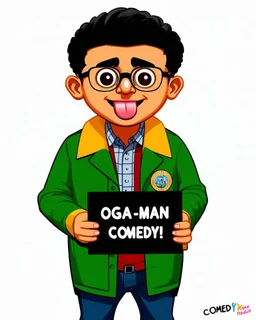 Full body. A nimated character with a round face, prominent eyes, and a small, protruding tongue. He is wearing glasses, a green jacket with a yellow collar, and a badge on his jacket that reads 'IKENGA Obodo Oma!'. He holds a black signboard with white text that reads 'OGA MAN COMEDY'. The character is positioned against a red background